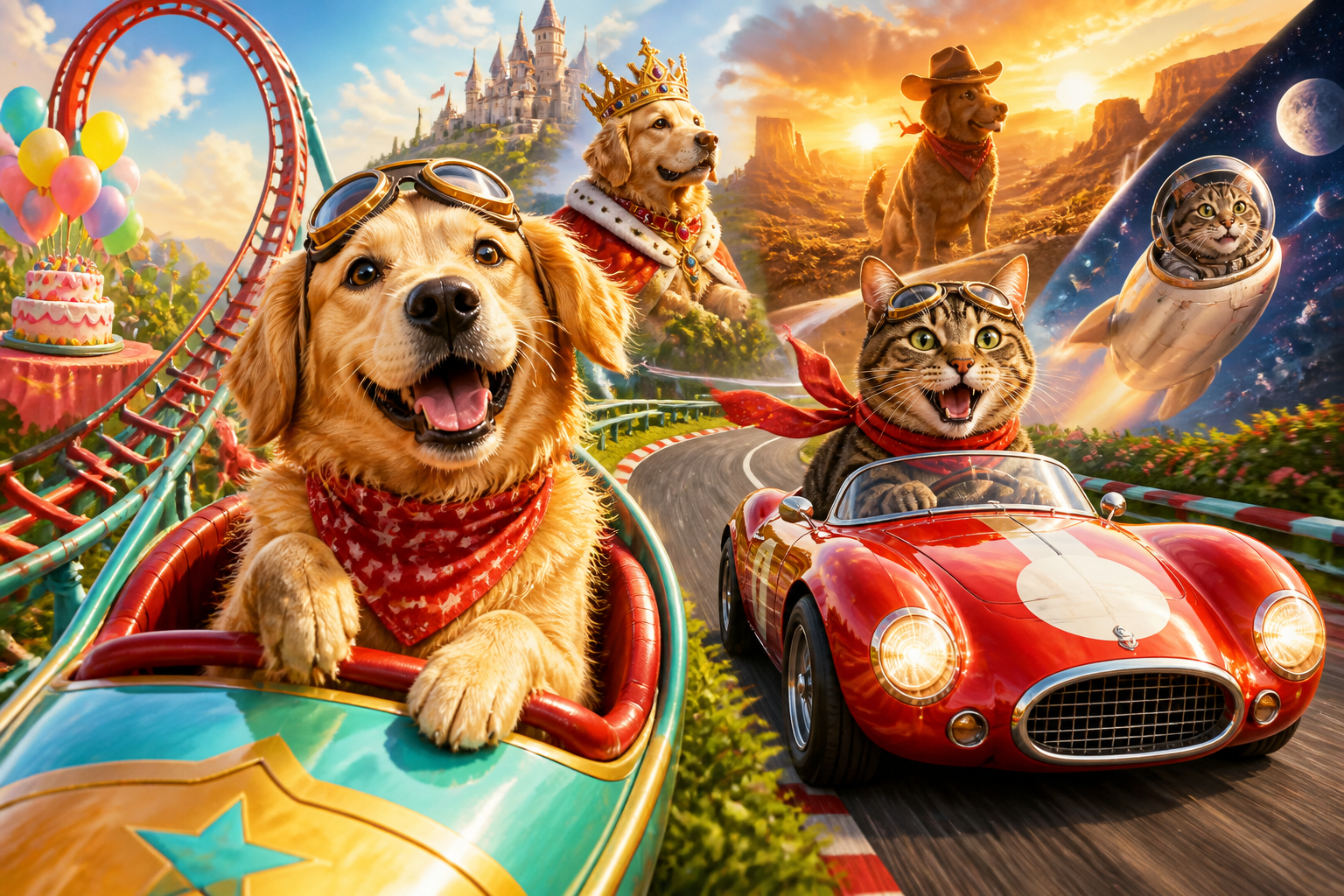 A happy dog on a rollercoaster, a cat in a race car and pets in playful adventures